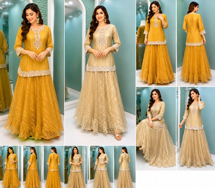 Mustard Champagne Kurta Lehenga Set