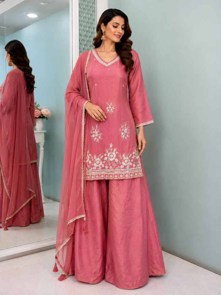 Rose Embroidered Kurta Palazzo Set
