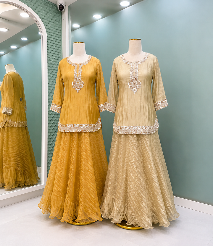 Mustard Champagne Kurta Lehenga Set