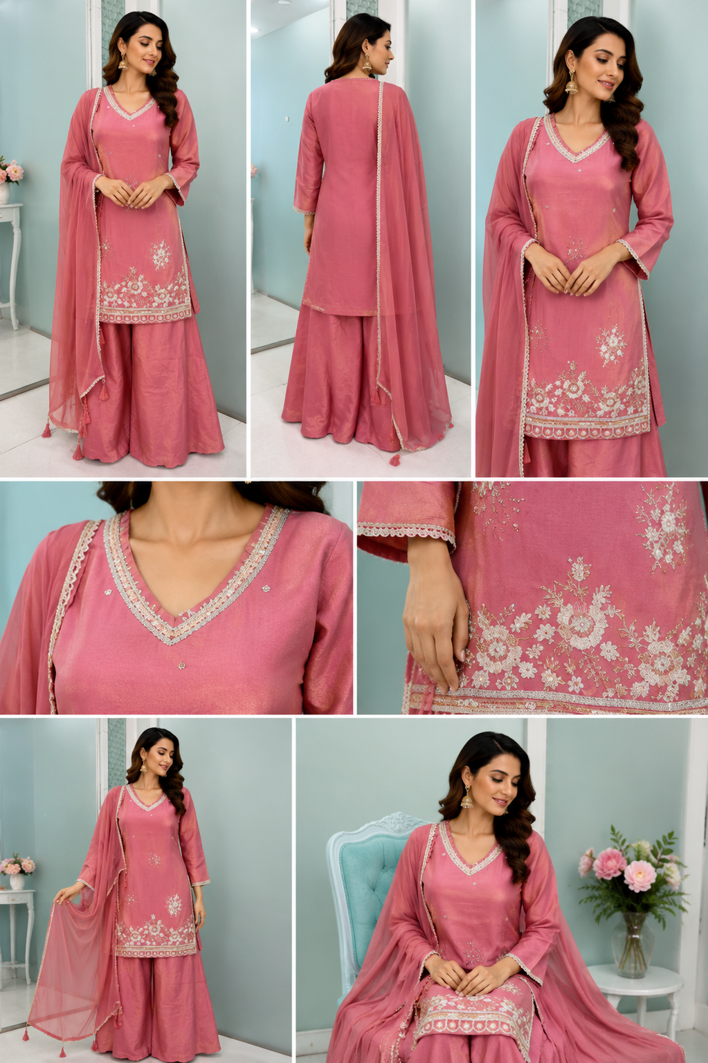 Rose Embroidered Kurta Palazzo Set