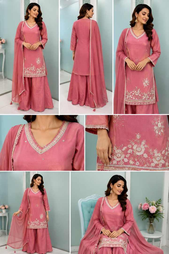 Rose Embroidered Kurta Palazzo Set