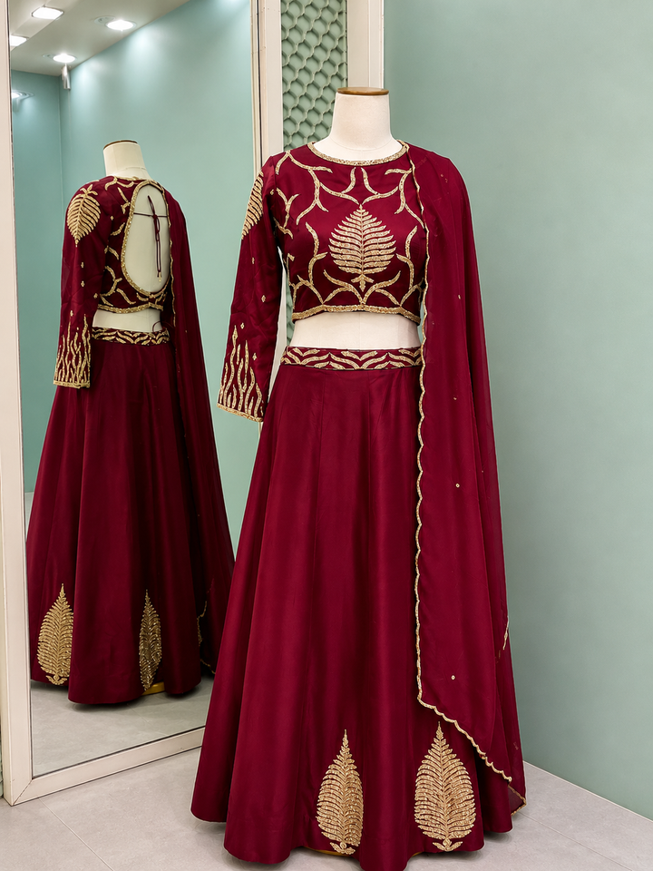 Maroon Zari Crop Top Lehenga