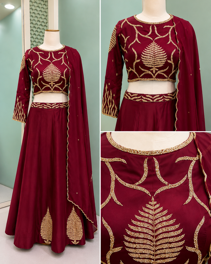 Maroon Zari Crop Top Lehenga