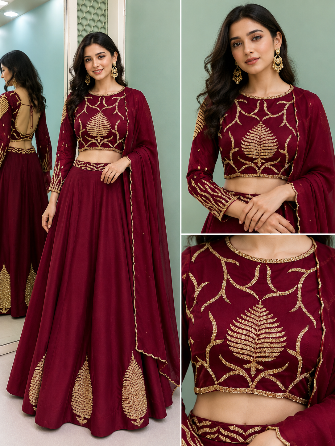 Maroon Zari Crop Top Lehenga