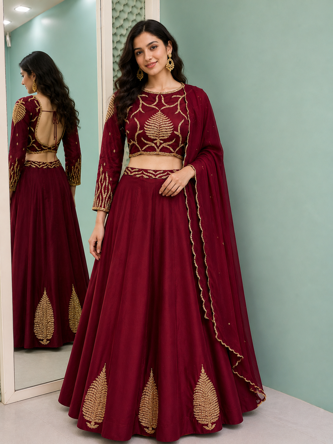 Maroon Zari Crop Top Lehenga
