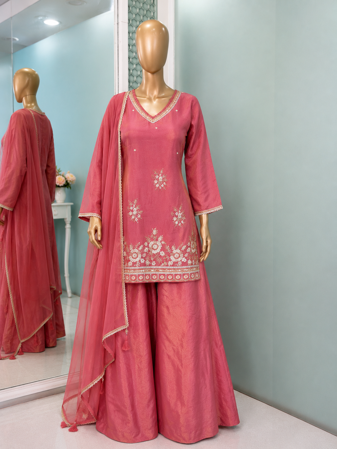 Rose Embroidered Kurta Palazzo Set